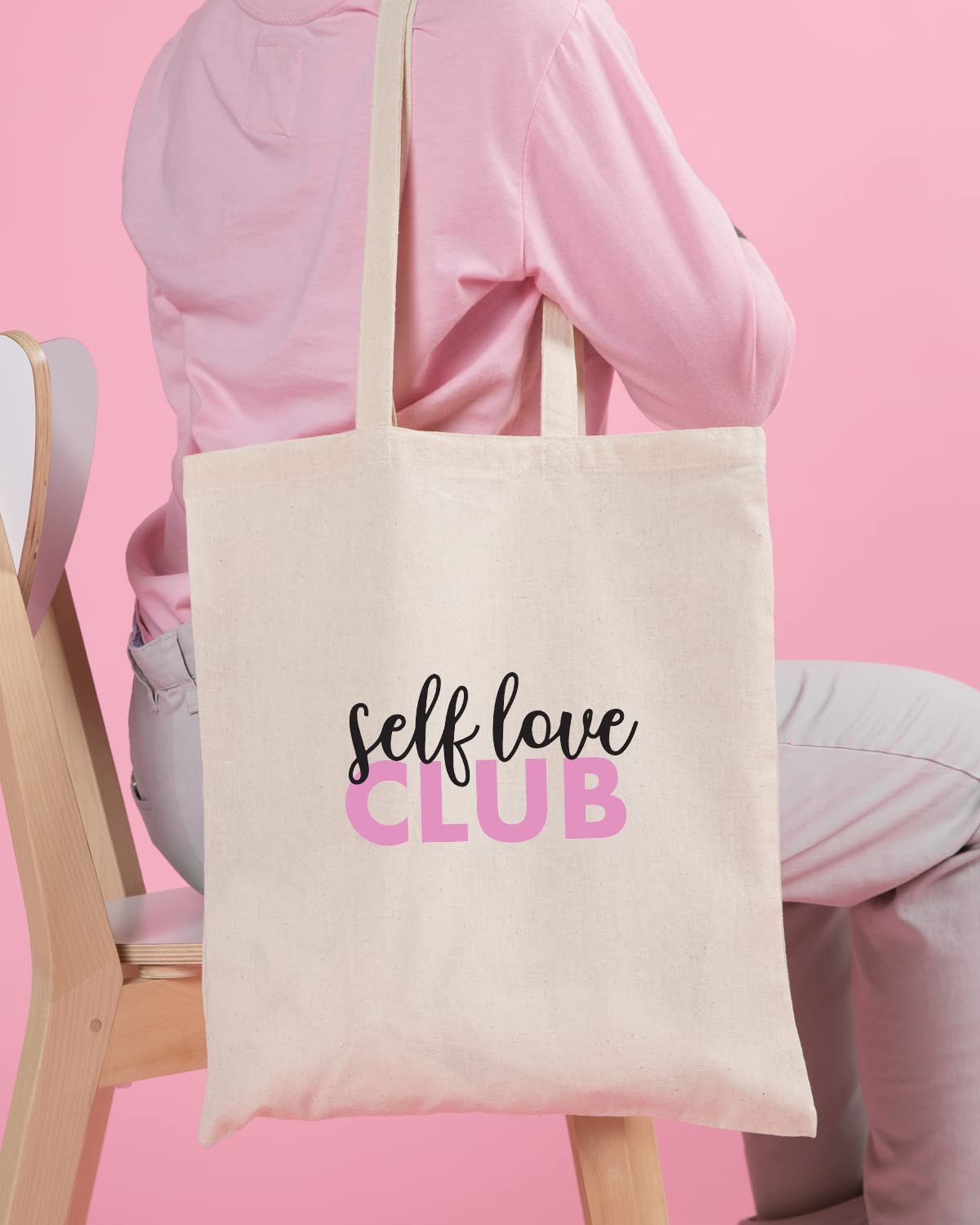 The Pink Magnet Self Love Club Tote Bag - Canvas Tote Bag for Women | Printed Multipurpose Cotton Bags | Cute Hand Bag for Girls | Best for College, Travel, Grocery | Reusable Shopping Bag | Eco-Friendly Tote Bag