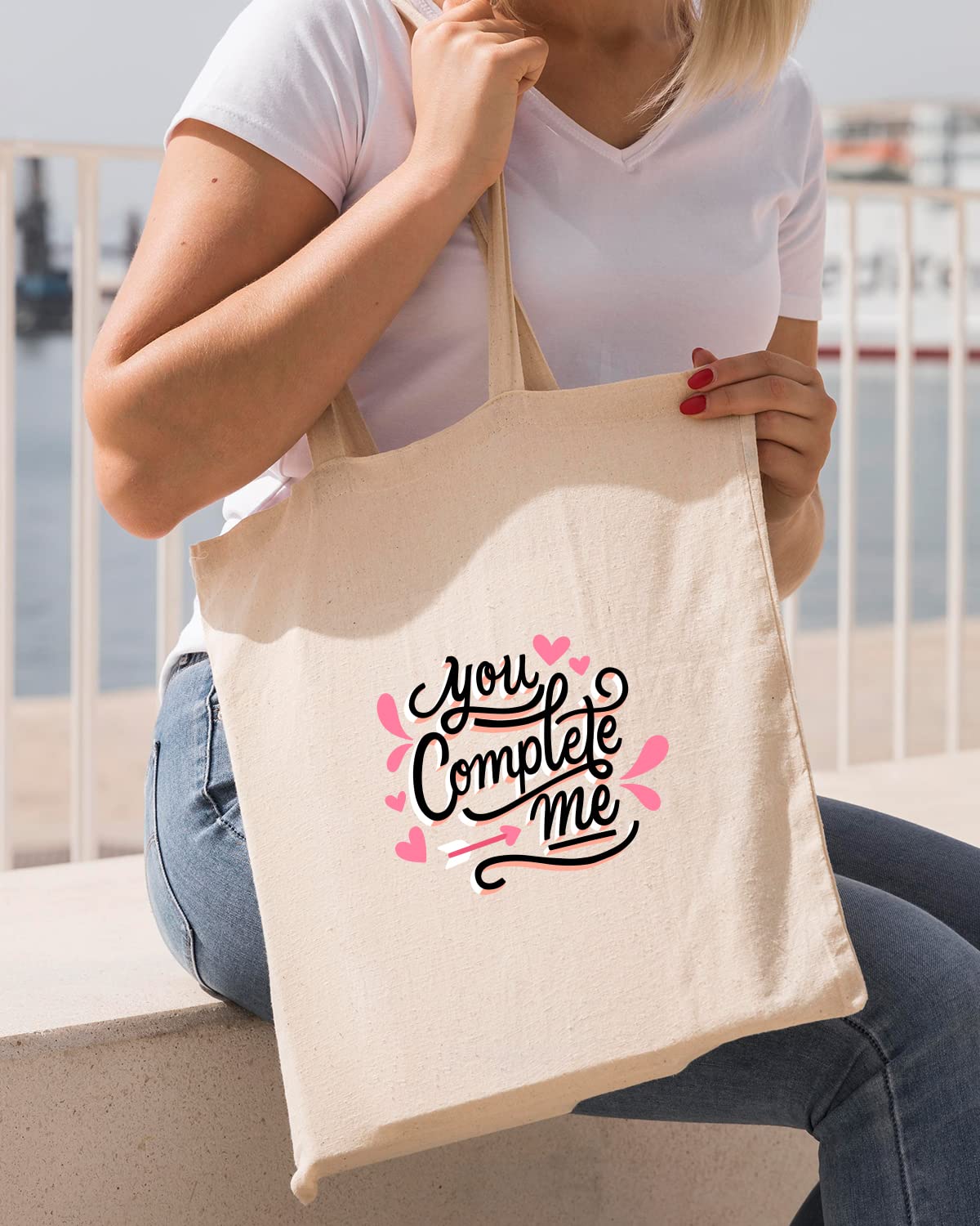 The Pink Magnet You Complete Me Tote Bag - Canvas Tote Bag for Women | Printed Multipurpose Cotton Bags | Cute Hand Bag for Girls | Best for College, Travel, Grocery | Reusable Shopping Bag | Eco-Friendly Tote Bag