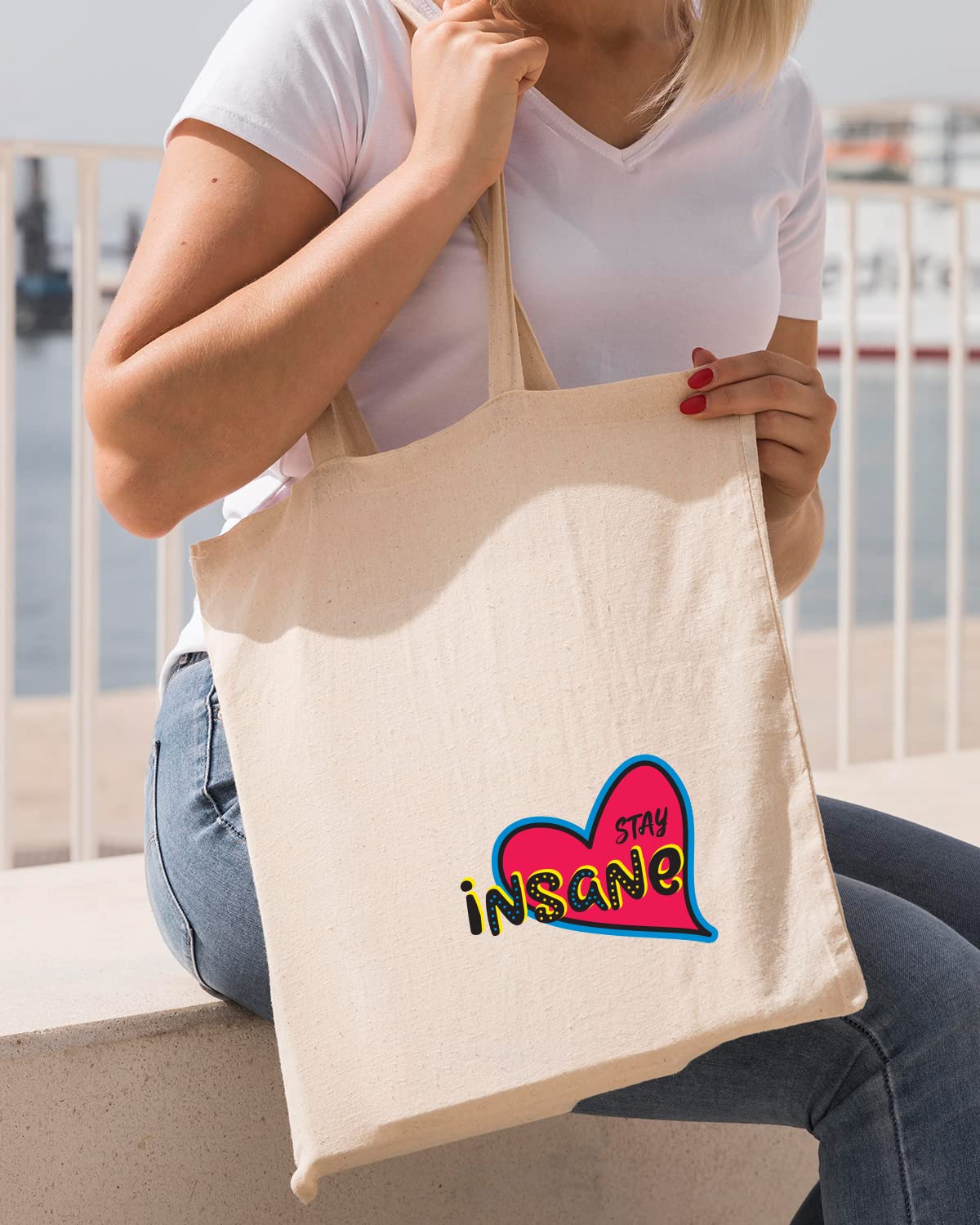 The Pink Magnet Stay Insane Tote Bag - Canvas Tote Bag for Women | Printed Multipurpose Cotton Bags | Cute Hand Bag for Girls | Best for College, Travel, Grocery | Reusable Shopping Bag | Eco-Friendly Tote Bag