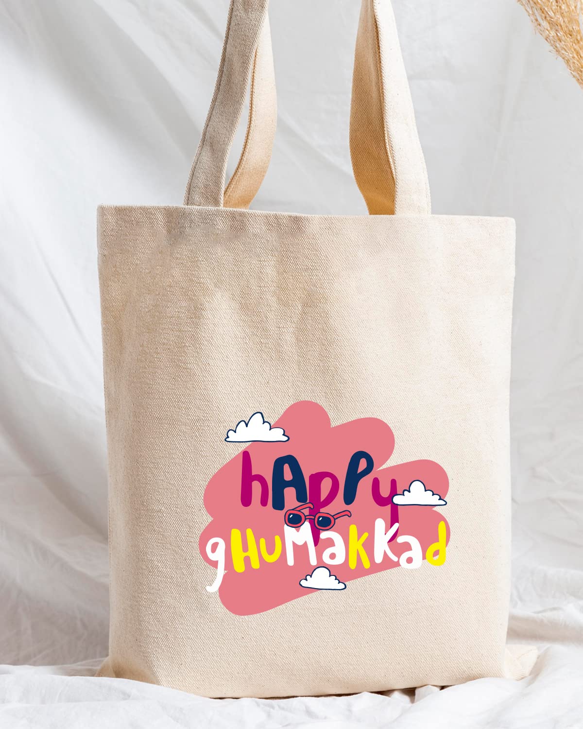 The Pink Magnet Happy Ghumakkad Tote Bag - Canvas Tote Bag for Women | Printed Multipurpose Cotton Bags | Cute Hand Bag for Girls | Best for College, Travel, Grocery | Reusable Shopping Bag | Eco-Friendly Tote Bag