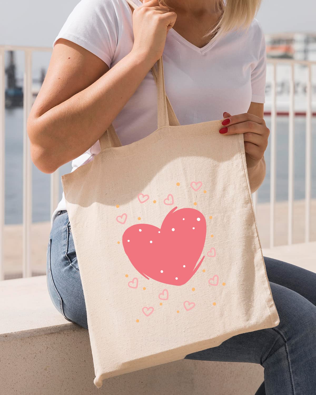 The Pink Magnet Pink Hearts Tote Bag - Canvas Tote Bag for Women | Printed Multipurpose Cotton Bags | Cute Hand Bag for Girls | Best for College, Travel, Grocery | Reusable Shopping Bag | Eco-Friendly Tote Bag