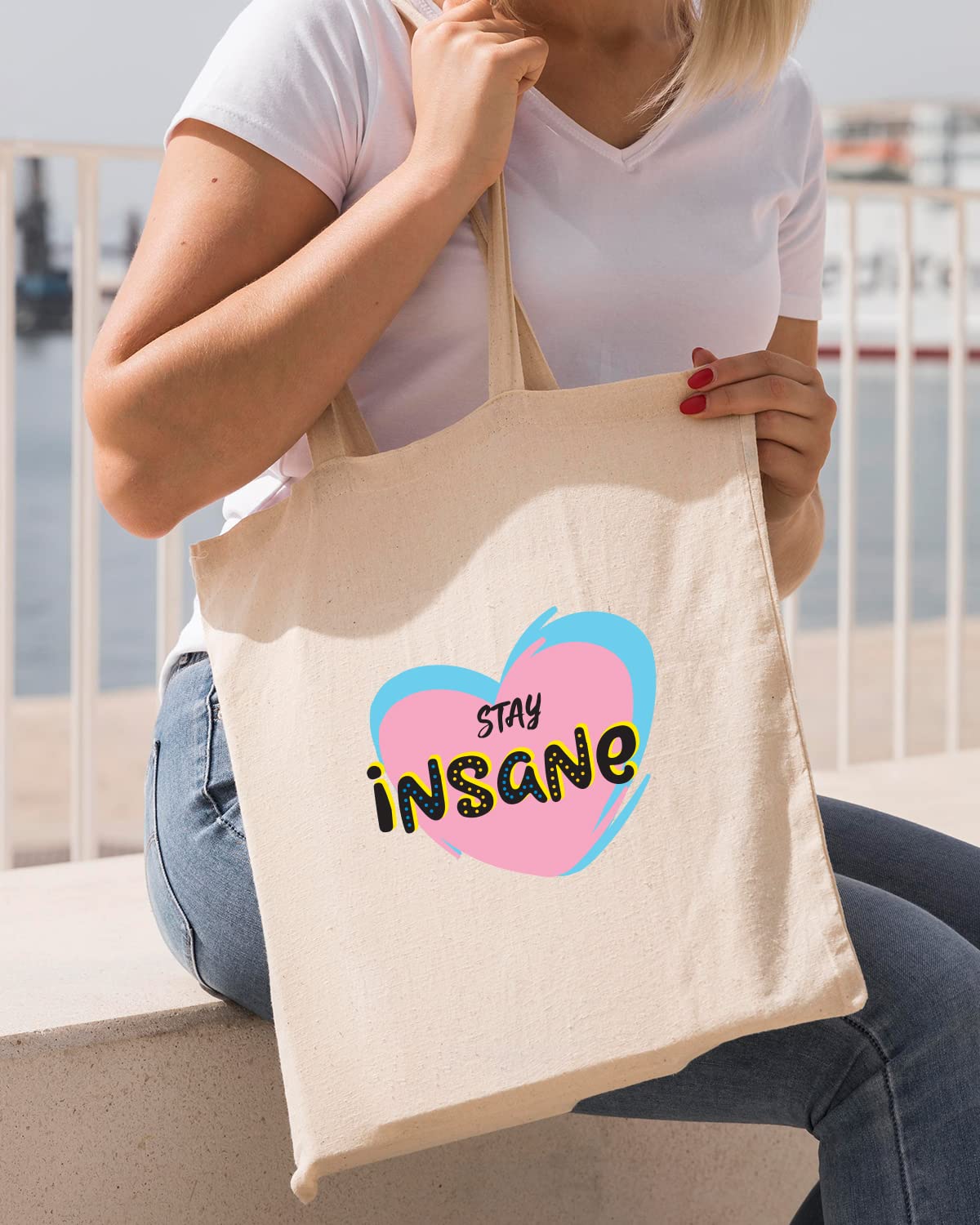 The Pink Magnet Stay Insane Tote Bag - Canvas Tote Bag for Women | Printed Multipurpose Cotton Bags | Cute Hand Bag for Girls | Best for College, Travel, Grocery | Reusable Shopping Bag | Eco-Friendly Tote Bag